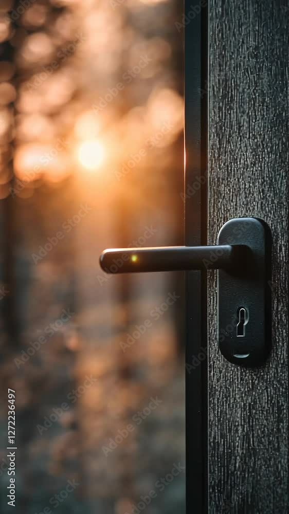 Poster sunset light streaming through a partially open door at dusk in a forested area