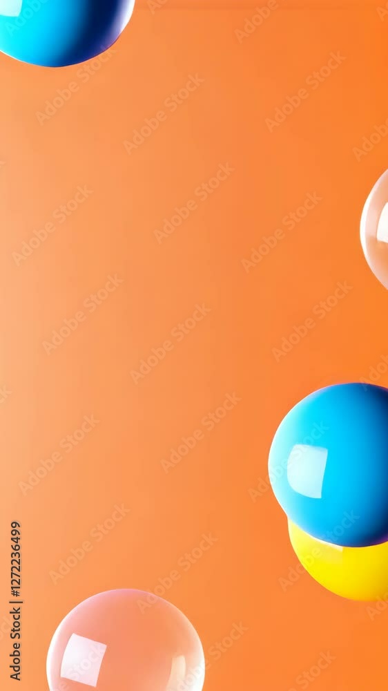 Poster colorful translucent bubbles and spheres float against a vibrant orange background showcasing playfu