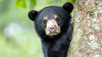 Fototapeta premium Close-up of a black bear cub clinging to a tree trunk in a lush forest. Possible use Nature documentary, wildlife photography book
