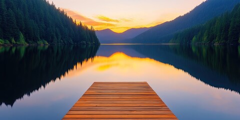 Serene Sunset Over Mountain Lake With Wooden Dock