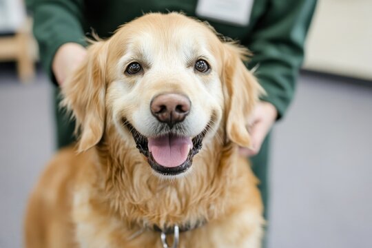 Veterinarian holding a happy golden retriever dog