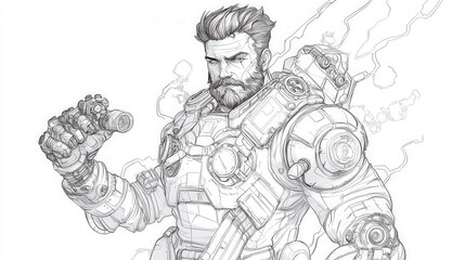 Detailed sketch of male in futuristic armor with mechanical arm