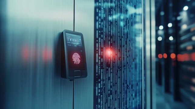 Futuristic fingerprint scanner verifying identity and granting access to secure server room, ensuring advanced cyber security measures in modern data center