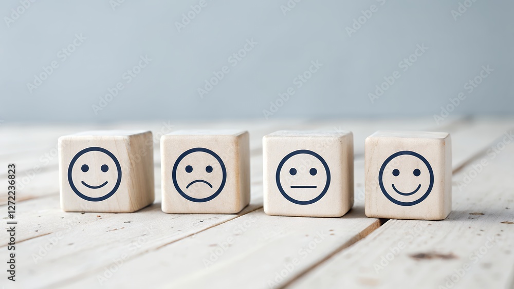 Aufkleber happy face smile icon on wooden cube representing customer service evaluation and satisfaction level