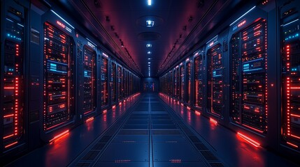 A futuristic data center room with rows of glowing panels and advanced technology under dim lighting