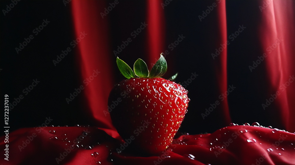 Aufkleber fresh strawberry on red fabric with droplets, illuminated by soft light in a studio setting