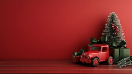 Red Toy Truck Delivers Christmas Gifts Underneath Tree