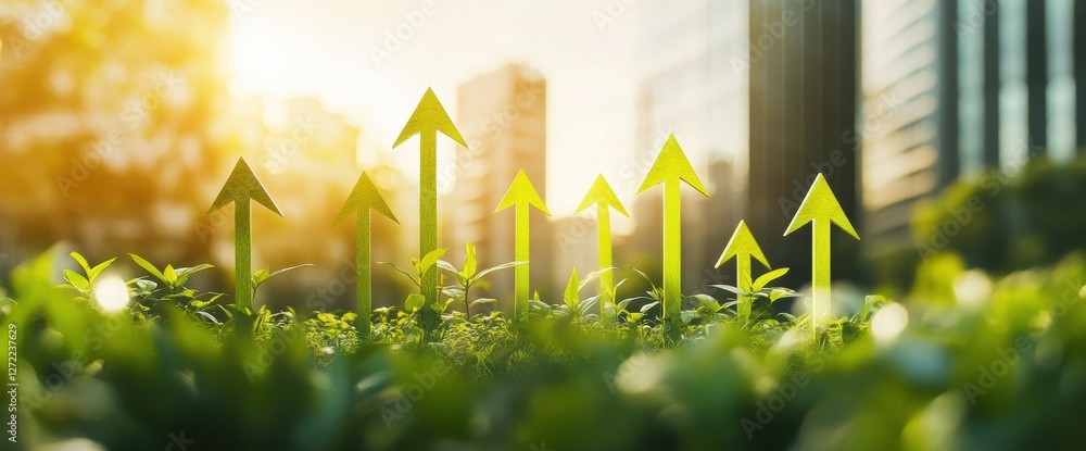 Poster arrows growing upwards in a green city captured during the golden hour with sun rays shining through