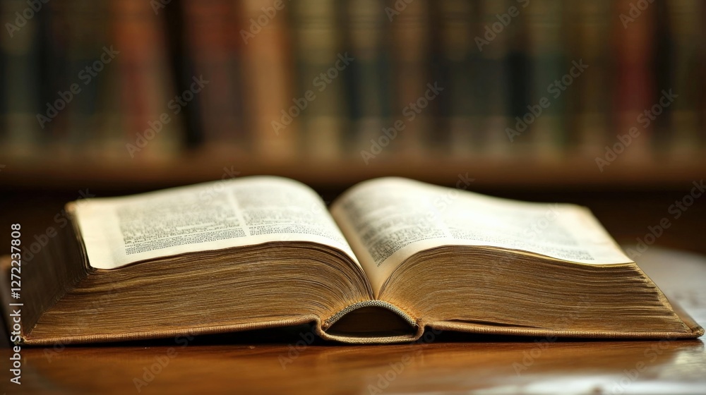 Poster open book with yellowed pages lying on a wooden table with blurred bookshelves in the background, cr