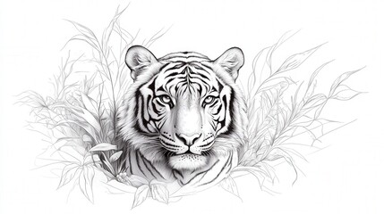 Obraz premium Intricate black and white illustration of a tiger among lush foliage