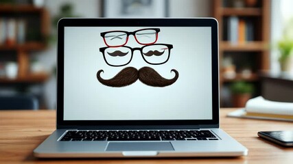 Laptop displaying funny glasses and mustache desktop wallpaper in cozy home office setting, perfect for april fool's day pranks.