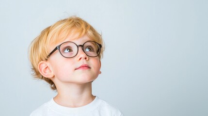 Fototapeta premium Cute blonde boy wearing round glasses looks up thoughtfully against a clean grey background.