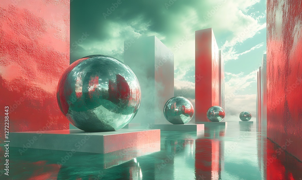 Poster surreal scene of reflective spheres and red structures on a water surface with clouds and sky