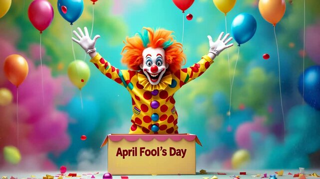 Colorful clown popping out of a surprise box with balloons and confetti for april fool's day celebration