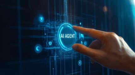 A human businessperson interacting with an AI agent hologram using their hands symbolizing agentic autonomy and the automation of work using teamwork with a chatbot assistant