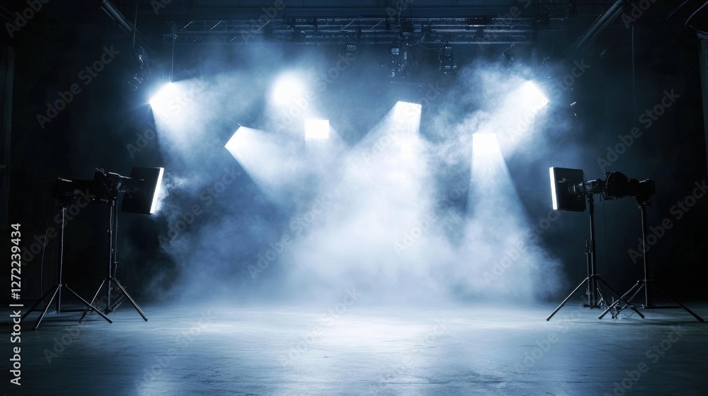 Poster powerful spotlights and softboxes illuminate a hazy, empty stage, creating a dramatic atmosphere for