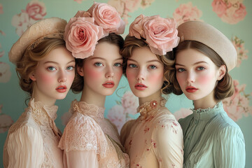 Four Elegant Women in Sequined Dresses and Floral Headwear with Pastel Floral Background - obrazy, fototapety, plakaty