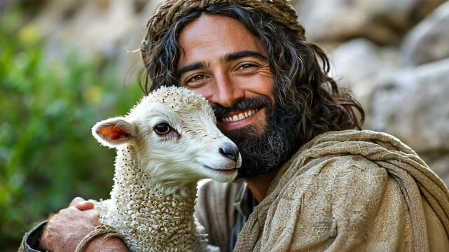 Jesus Christ embracing a lamb in a Biblical setting