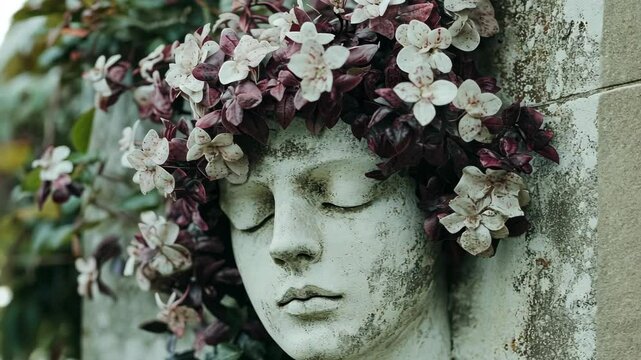Beautiful sculpture of a woman adorned with flowers captured in a tranquil garden setting during daylight hours