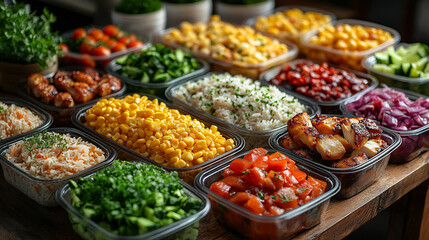 Obraz premium A variety of food is displayed in plastic containers on a wooden table. The food includes chicken, rice, corn, and vegetables. The presentation is colorful and appetizing, making it an inviting meal