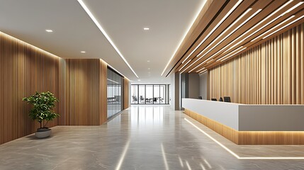 Modern Office Lobby with Wood Accents and Marble Floor