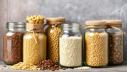A collection of jars filled with various grains and pasta, showcasing an organized and rustic pantry display.