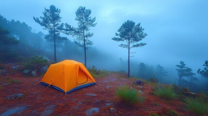 Misty mountain campsite; solo tent; sunrise; pine forest