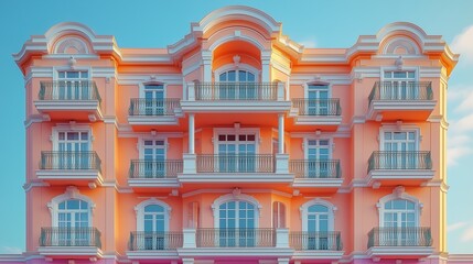 Obraz premium A grand pink building with ornate balconies and large windows under a clear blue sky