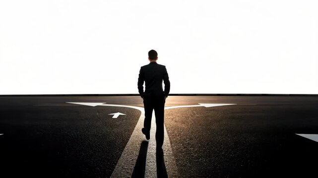 A man stands at a crossroads, contemplating a decision. He gazes at two directional arrows, one pointing left and the other right, symbolizing choices and life's pivotal moments.