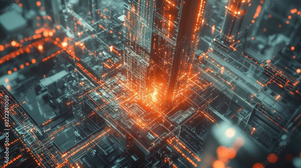 Poster complex network infrastructure glowing with data traffic, representing a secure server room environm
