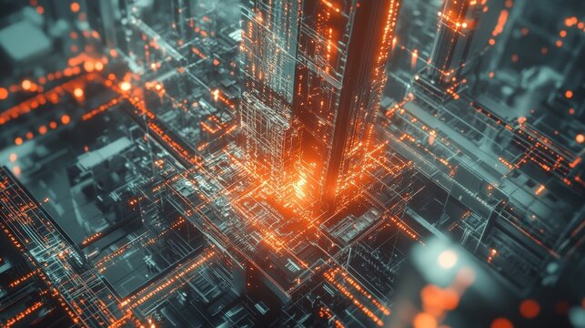 Complex network infrastructure glowing with data traffic, representing a secure server room environment with advanced cyber security protocols in place