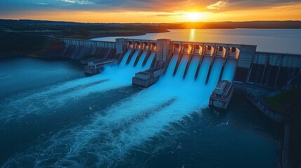 A majestic dam releasing water at sunset with the sun casting a warm glow over the entire structure and surrounding landscape