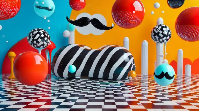 Colorful abstract scene with floating spheres, striped shapes, mustache motif, vibrant background for april fool's day concept