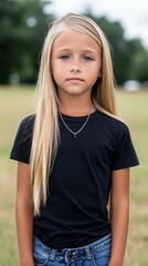 A blonde girl with long hair is wearing a black shirt and blue jeans. She is standing in a field