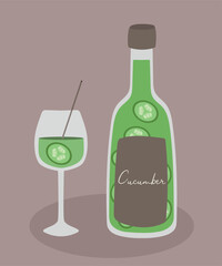 Illustration Glass and Bottle at Cucumber Drink Taste