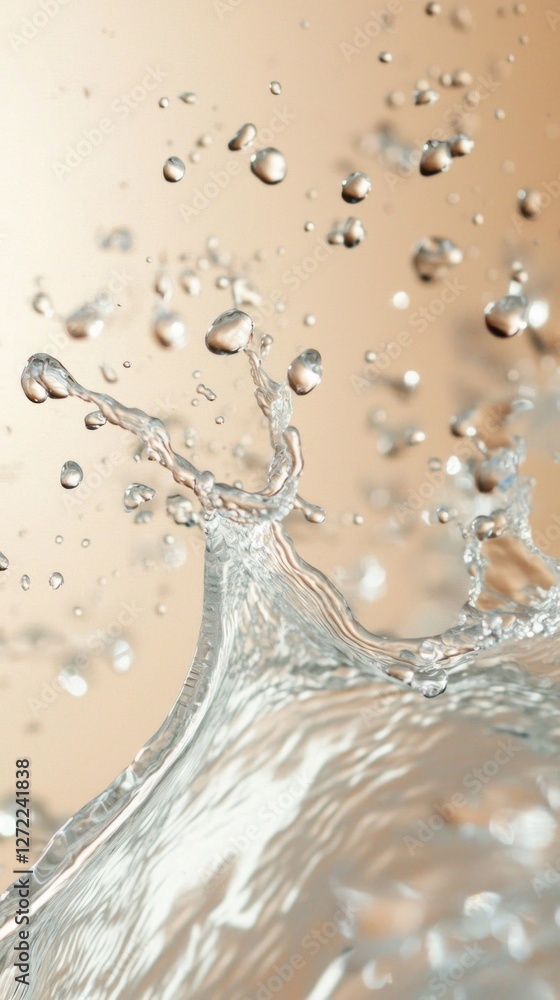 Poster water splashes upward, forming delicate droplets that shimmer in soft light, showcasing the beauty o