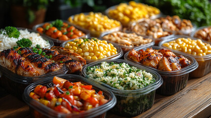 Obraz premium A variety of food is displayed in plastic containers on a wooden table. The food includes chicken, rice, corn, and vegetables. The presentation is colorful and appetizing, making it an inviting meal