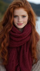 A woman with red hair is wearing a red scarf and smiling. The scarf is knitted and has a cozy, warm appearance