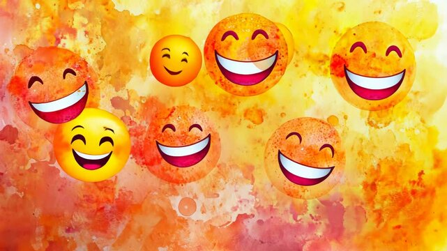 Vibrant smiling emoji faces on watercolor background celebrating laughter for april fool's day