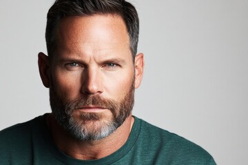 Man with a strong gaze and a well-groomed beard poses against a neutral backdrop