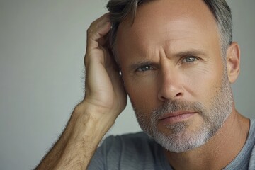 Fototapeta premium Mature man with grey hair showing a thoughtful expression in a well-lit indoor setting
