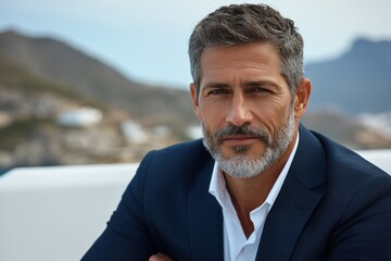 Man with gray beard and stylish suit poses outdoors in a scenic coastal location during daylight