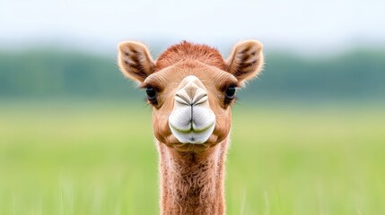 Obraz premium Young camel portrait, grassy field, sunny day, wildlife