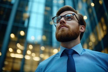 Confident businessman gazes upward in urban setting at twilight