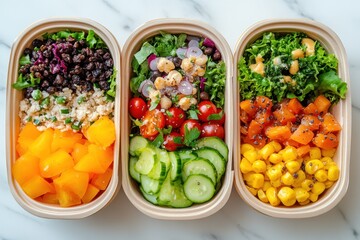 Naklejka premium Colorful healthy meal prep with fresh vegetables and grains in three containers on a marble surface