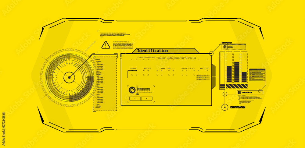 Poster digital interface displaying identification data and analytics for a technological system in a moder