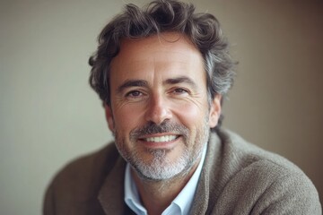 Obraz premium Man with curly hair smiles warmly while seated indoors at a casual gathering in soft lighting