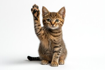Obraz premium Cute tabby kitten raising paw in playful gesture against plain background