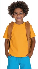 A young boy wearing a yellow shirt and blue shorts is smiling and holding his backpack. Concept of happiness and excitement, as the boy appears to be looking forward to school or an outing