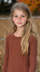 A girl with long brown hair is wearing a brown sweater. She is standing in a field with a fence behind her
